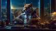 Wolf man, boss dog sits in an armchair in a dark office overlooking the night city. Created in AI.