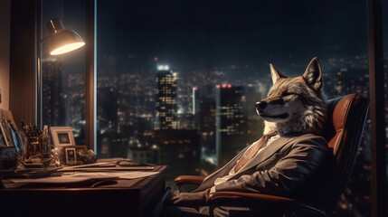 Wall Mural - Wolf man, boss dog sits in an armchair in a dark office overlooking the night city. Created in AI.