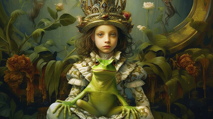 Based on the fairy tale princess frog. A beautiful Thumbelina girl, a forest nymph created in AI.