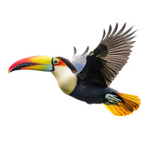 A Toco Toucan In Flight, In Various Positions, Rainforest Clown, Wildlife-themed, Photorealistic Illustrations In A PNG, Cutout, And Isolated. Generative AI