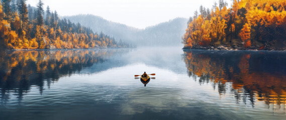 person rowing on a calm lake in autumn, aerial view only small boat visible with serene water around