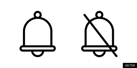 Poster - Notification bell, ring mode and notification bell slash, silent mode vector icons in line style design for website, app, UI, isolated on white background. Editable stroke. Vector illustration.