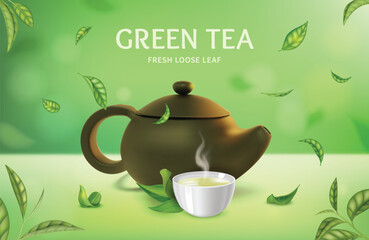 Sticker - Realistic Detailed 3d Green Tea Fresh Loose Leaf Ads Banner Concept Poster Card with Teapot and Cup . Vector illustration