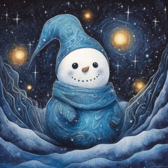 Wall Mural - snowman in the snow, winter wonderland Christmas starry night - by generative ai