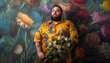 © annebel146 - Confident middle aged man with beard holding flowers. Stylish fat man looking forward with aspiration. with flower pattern wallpaper