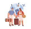 Happy man and woman holding suitcase together flat style