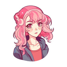 Vector illustration girl with pink hair japaneese anime style with big eyes Manga Anime cute girl Cartoon trendy sticker isolated