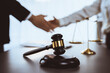 Focus gavel symbolize justice on blur background of lawyer colleagues handshake after successful legal deal for lawsuit to advocate resolves dispute in court ensuring trustworthy partner. Equilibrium