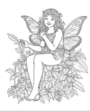 Ink Drawing Coloring Page For Children, A Beautiful Half-length Fairy, With Short Hair, Morbidly Obese, Among Flowers And Leaves, Playing With Butterflies, For Coloring Adult, Black And White, Low Det