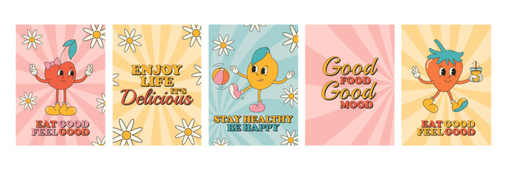 Groovy summer card, poster set with summer fruits and sayings. Strawberry, cherry, lemon. Cartoon characters in trendy retro style, comic mascot characters.