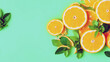 Summer tropical background with citrus fruits, leaves and mint leaves. Orange, lemon, lime on yellow background. Summer concept. Flat lay, top view, copy space, generative ai