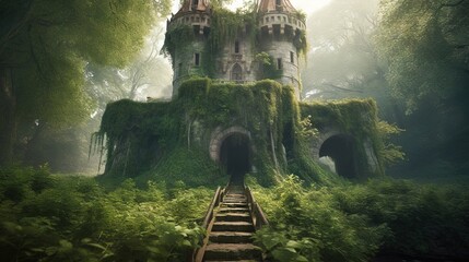 Poster -  a castle in the middle of a forest with stairs leading up to it.  generative ai