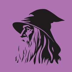 Wizard warlock logo, old man 
 silhouette wizard character, side view, vector isolated