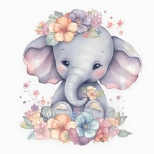 Stiker Elefante Bebe, Colores Pastel, En Una Nube, Con Flores, Dibujo, Fantasia 4k