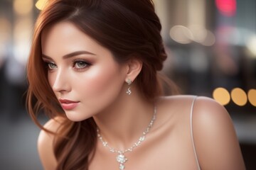 Naklejka na meble Portrait of glamorous urban woman wearing short cocktail dress. Attractive young lady in elegant outfit walking in old town street. Pretty long brown hairs woman in long cocktail dress. Generative AI