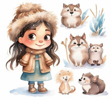 Cute Adorable Little Eskimo Girl Character Watercolor For Clipart, Generative Ai
