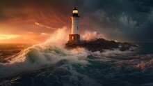 Beacon On Rock. Storm At The Ocean. AI Generated.