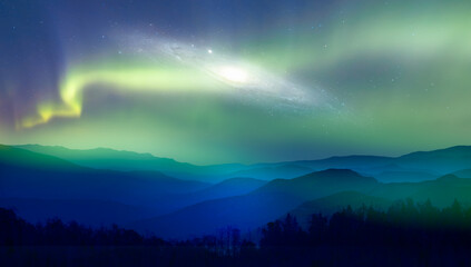 Wall Mural - beautiful landscape with blue misty silhouettes of mountains - northern lights (aurora borealis) ove