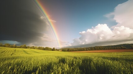  Rainbow in sky clouds over fields. AI generated.