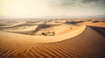  a desert with sand dunes and mountains in the distance,.  generative ai