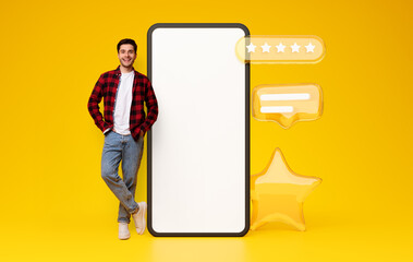 Poster - Guy Posing Near Smartphone And Stars Icons, Yellow Background, Collage