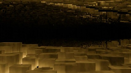 Poster - Flying inside horizontal endless dark tunnel with mirror reflection effect. Design. Geometric corridor of cubic shapes.