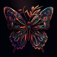 Butterfly, Vibrant, Black Backdrop, Line Art, 8k