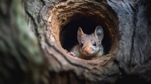  A Small Mouse Sitting Inside Of A Hollow In A Tree.  Generative Ai