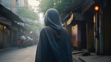  a person in a hooded cloak walking down a street in a city.  generative ai