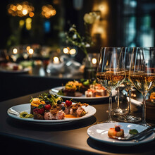 Elegante Y Selecta Mesa De Restaurante. Tapas Y Aperitivos, Canapés Variados En La Mesa De La Barra. Luz Tenue Y Ambiente Romántico.Ai Generado.