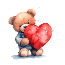  Cute Teddy Bear Cuddling A Big Red Heart In Watercolor Design Isolated On Transparent Background