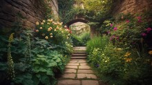 A Stone Pathway With Flowers And Plants Growing Along It And A Stone Arch In The Background.  Generative Ai