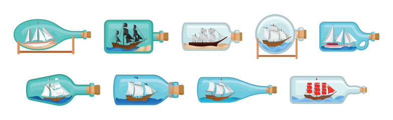 Wall Mural - Corked Glass Bottle with Ship Miniature Inside Vector Set