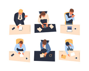 Sticker - Man and Woman Office Employee Sitting at Table as Workplace Top View Vector Set