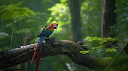 Poster -  a colorful bird perched on a tree branch in a forest.  generative ai