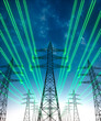 © peterschreiber.media - High voltage transmission towers with green glowing wires against blue sky - Green energy concept - 3D illustration