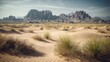  a desert landscape with a mountain range in the distance and grass in the foreground.  generative ai