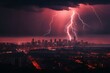 Leinwandbild Motiv dangerous red lightning crashes on a big city created with Generative AI technology