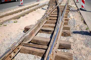 Narrow gauge arrow. Construction site in the city.