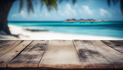 Wall Mural - Empty wooden table with tropical beach theme in background