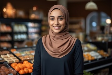 Wall Mural - Smiling young female supermarket worker looking at the camera. Generative AI