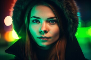 cute young woman with fur trimmed hood and green eyes created with Generative AI technology