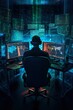 The image portrays a hacker sitting in front of multiple computer screens, surrounded by lines of code and various hacking tools. The hacker's face is concealed     and illicit nature of cyberattacks.