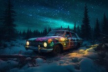 Old Rusty Wagon With Colorful Blobs In Winter Forest Created With Generative AI Technology