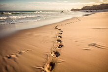 Footprints In The Sand On The Beach At Sunset. Generative AI