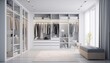 White luxury walk in closet interior with light frome the window.3d rendering