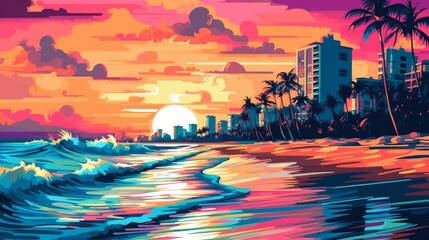 Wall Mural -  Illustration of Miami beach in a vibrant 1980s retro synthwave style, watercolor masterpiece.