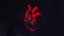 Futuristic Medical Animation With Red Human Heart On Dark Grunge Background. Healthcare And Cardiology, Heartbeat Concept. AI-generated Animation With Image Transformations
