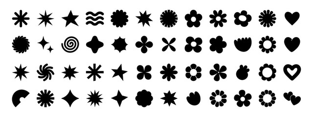 Wall Mural - Black flowers and shapes icons. Daisy floral organic form cloud star and other elements in trendy playful brutal style. Vector illustrations isolated on white background.