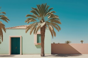 Sticker - A tropical palm tree with beautiful green fronds stands beside a beige home and a resort building against a blue sky backdrop. Idea for summertime travel. Generative AI